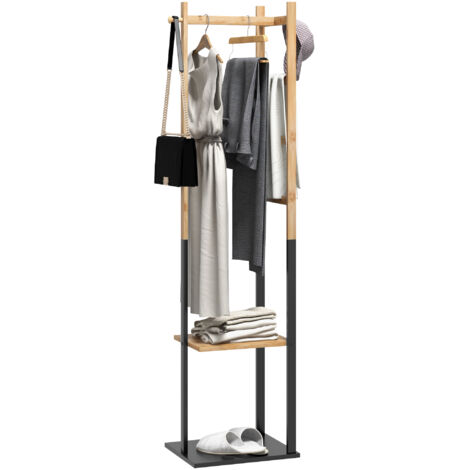 HOMCOM perchero de pie de bambú, con 2 estantes, 2 ganchos, 5 barras, con estructura de acero, para colgar ropa, en pasillo, natural y negro