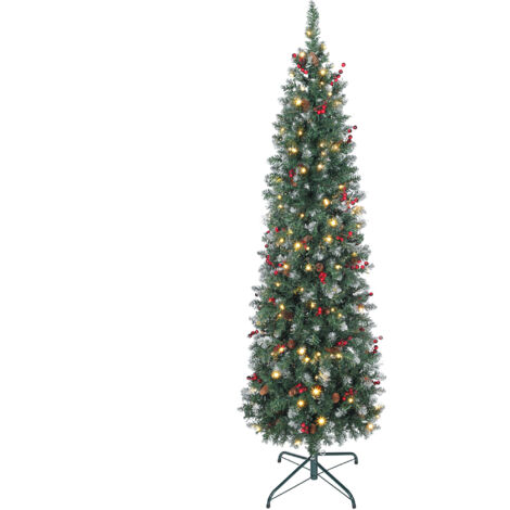 HOMCOM árbol de Navidad artificial estrecho 180 cm, con luces led, 7 modos de iluminación, 461 ramas, piñas, bayas y soporte metálico, verde (1/5)