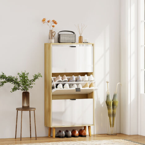 Zapatero Estrecho Con 3 Puertas - Blanco Brillante, 60x24x127 Cm, Para 18 Pares De Zapatos, Patas De Madera, Ideal Para Entradas