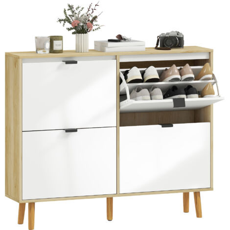 HOMCOM zapatero estrecho con 4 puertas en blanco brillo, estantes ajustables, patas de madera, para 20 pares de zapatos, 105x24x92,5 cm blanco (1/5)
