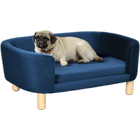 PawHut sofá para perros pequeños, cama para mascotas elevada con patas de madera, funda lavable y cojín desmontable carga 10 kg 86x55x33 cm azul (1/5)