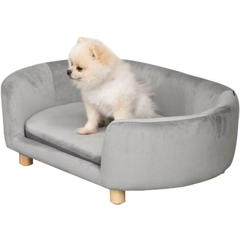 PawHut sofá para perros pequeños, cama para mascotas elevada con patas de madera, funda lavable y cojín desmontable carga 10 kg 86x55x33 cm gris claro