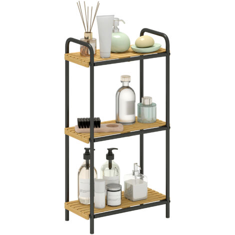 HOMCOM estantería de baño de bambú con 3 baldas abiertas diseño de lamas y estructura de acero para cocina baño salón 41,5x21,5x77,5 cm natural