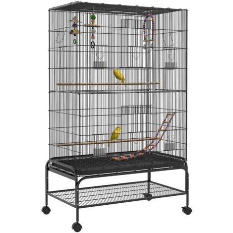 Pawhut jaula para pájaros, jaula grande con ruedas, comederos, perchas, estante inferior, bandeja extraíble, para loros, canarios, 97x58x160 cm, negro
