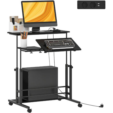 HOMCOM escritorio elevable con ruedas, enchufes, puertos usb, altura ajustable, panel central inclinado y estante, para oficina, hogar, 80x60 cm negro