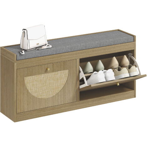HOMCOM banco zapatero, banco recibidor bohemio, con asiento acolchado, puertas frentes de ratán, estante ajustable, para 8 pares de zapatos, natural