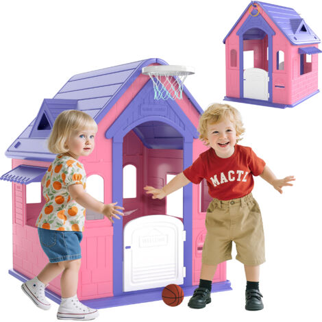 AIYAPLAY casita infantil exterior e interior 3 en 1, casita infantil de jardín con lanzamiento de aros, baloncesto, para niños de 2-5 años, rosa