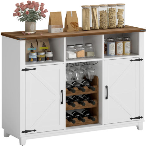 HOMCOM aparador de cocina con botellero, aparador con 2 puertas de granero, estantes ajustables y soporte para copas, para 9 botellas, blanco