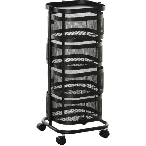 HOMCOM carrito auxiliar con ruedas de 5 niveles, carrito de cocina con 4 cestas de almacenamiento giratorias 270° y bandeja, 33x33x77 cm, negro