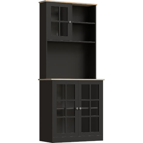 HOMCOM alacena de cocina, mueble auxiliar de cocina, 3 puertas de vidrio, encimera abierta para microondas, estantes ajustables, 80x37x183 cm, negro