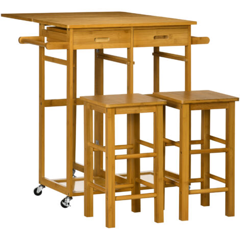 HOMCOM juego de mesa alta de bar y 2 taburetes con ruedas, mesa plegable de cocina con cajones, toalleros y reposapiés, 82,5x75,5x83,5 cm, marrón