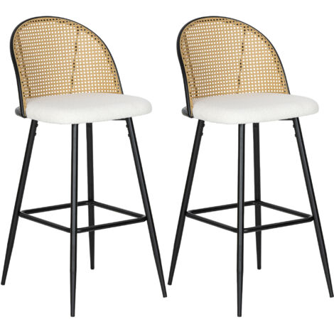 HOMCOM juego de 2 taburetes de bar, taburetes altos de cocina con respaldo de ratán, asiento de borreguito, marco de acero y reposapiés, crema