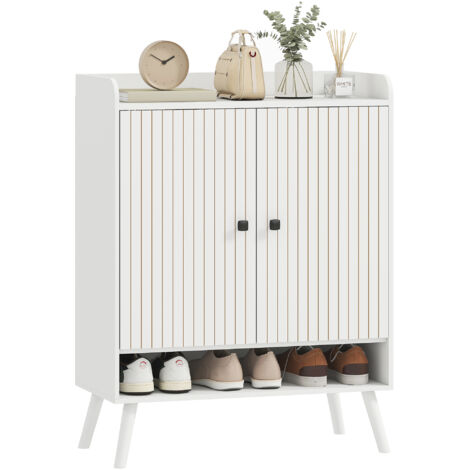 HOMCOM zapatero de 2 puertas en lamas, estantes ajustables, compartimento abierto, para 15 pares de zapatos, 75x35x97 cm, blanco (1/5)