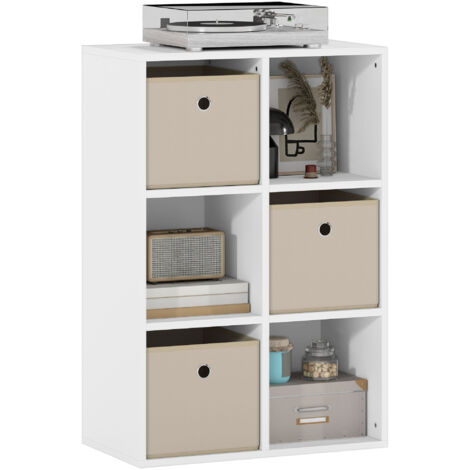 HOMCOM estantería cubo moderna, horizontal o vertical, con 6 compartimentos y 3 cajones de tela para salón, estudio, 53,7x30x79,8 cm, blanco y beige (1/5)