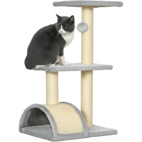 PawHut árbol rascador para gatos mediano, árbol para gatos de 3 niveles con rascador en arco, 2 plataformas, postes y bola, 40x35x72 cm, gris claro