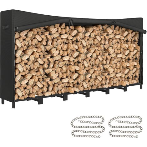 Outsunny estante de leña metálico de chimenea, 235x31x116 cm, leñero exterior con cubierta impermeable 600d Oxford, cadenas de acero, negro