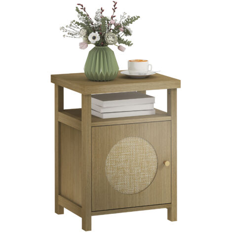 HOMCOM mesita de noche con puerta de ratán, mesilla de noche con estante abierto y compartimento, para dormitorio, salón, 40x35x55 cm, madera natural (1/5)