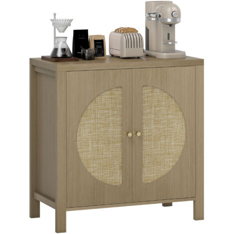 HOMCOM aparador de cocina con 2 puertas de ratán, mueble auxiliar de cocina con estante ajustable y 2 tiradores, 75x38x77 cm, madera natural