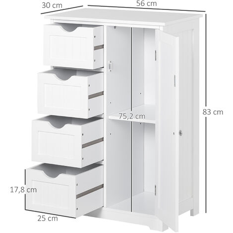 Armario Auxiliar de Baño Mueble para Baño con Puerta 4 Cajones y Estante Ajustable para Cocina Salón 56x30x83 cm