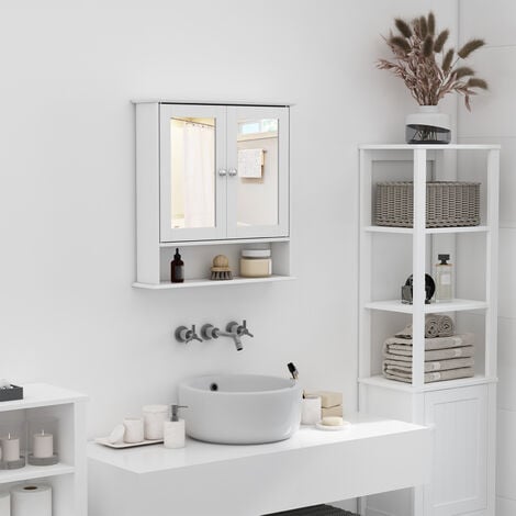 kleankin Armario de Baño con Espejo Mueble Colgante de Aseo con 4 Puertas y  3 Estantes Interiores 55x17,5x60 cm Blanco y Gris