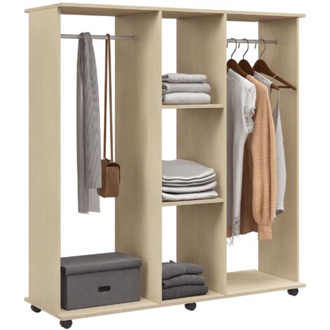HOMCOM armario ropero con ruedas armario para ropa con barra estantes abiertos organizador para colgar ropa de dormitorio 120x40x128 cm matural