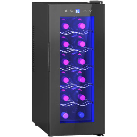 HOMCOM vinoteca 12 botellas con doble refrigeración termoeléctrica, temperatura ajustable 8-18℃, puerta de vidrio, anti-UV, luz interior, negro