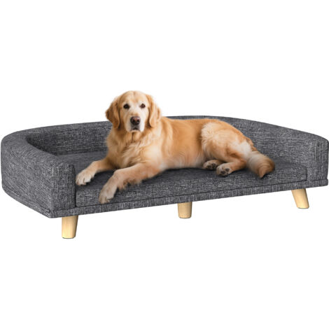 PawHut sofá para perros grandes cama elevada para perros tapizada con cojín lavable y patas de madera de pino carga 40 kg 98x67x25 cm gris oscuro