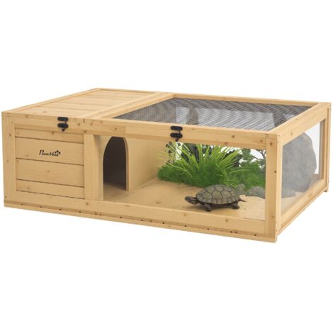 PawHut casa para tortugas de madera con techo de malla, paneles laterales transparentes extraíbles y pestillo de seguridad, 91x60,5x32cm, natural