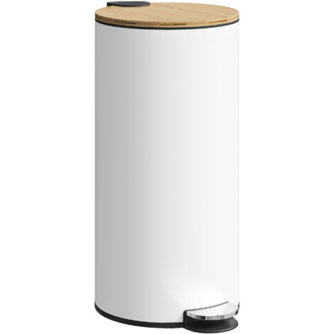 HOMCOM cubo de basura cocina con pedal, 30l, metálico con tapa de bambú de cierre suave y cubo extraíble, para dormitorio, oficina y salón, blanco (1/5)