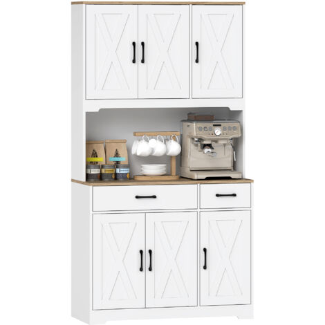 HOMCOM alacena de cocina alta, con 6 puertas, encimera para microondas, 2 cajones, estantes ajustables, orificio para cable, 94x39,5x175,2 cm, blanco
