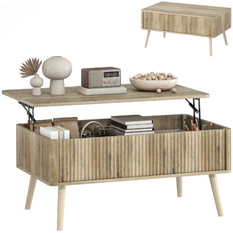 HOMCOM mesa de centro elevable, mesa de café para salón, comedor, con compartimentos ocultos y patas de pino, 91x56-80,5x43-57,5 cm, roble