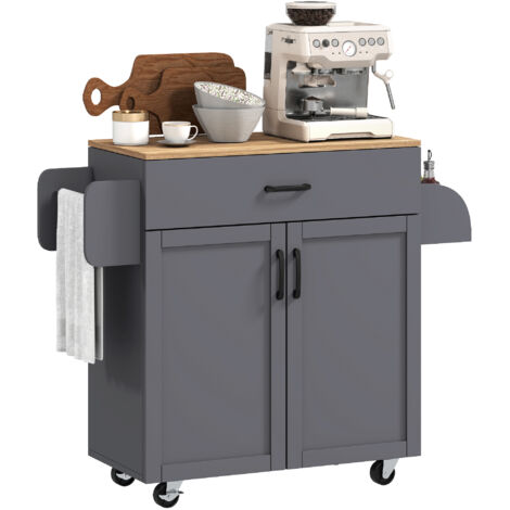 HOMCOM isla de cocina con ruedas, mueble auxiliar de cocina con 1 cajón, 1 armario con 2 puertas, toallero y especiero, 105x36x85 cm, gris