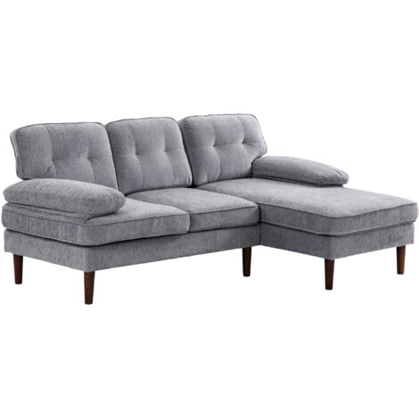 HOMCOM sofá esquinero de 3 plazas tapizado en chenilla, sofá chaise longue en forma de L con patas de madera y reposabrazos, 215x142x88 cm, gris