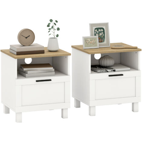 HOMCOM juego de 2 mesitas de noche, mesillas de noche con cajón, compartimento abierto, patas de madera, mesa auxiliar para salón, dormitorio, blanco (1/5)