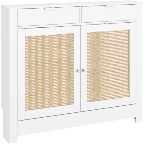 HOMCOM cubre radiadores con puertas abatibles y ratán, cubreradiador de MDF, 111x19x95,5 cm, cubierta para radiador, 2 compartimentos, blanco (1/5)