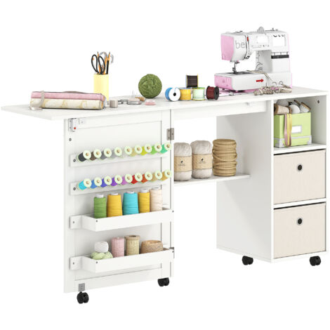 HOMCOM mesa de costura plegable con 6 ruedas, mueble para máquina de coser con 18 clavijas para hilos, 2 cajones de tela, 3 compartimentos, blanco (1/5)