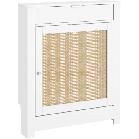 HOMCOM cubre radiadores con puerta abatible y ratán, cubreradiador de MDF, 78x19x95,5 cm, cubierta para radiador, compartimento, blanco (1/5)