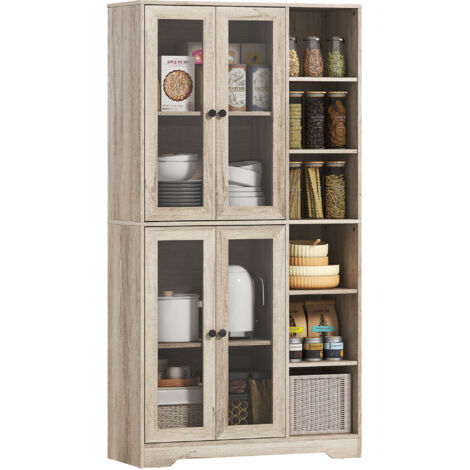 HOMCOM alacena de cocina, mueble auxiliar de cocina con 4 puertas de cristal con cierre suave y estantes ajustables, 90x35x172 cm, gris claro