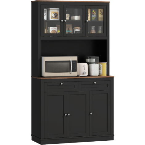HOMCOM alacena de cocina, con 3 puertas de vidrio, encimera abierta para microondas, 2 cajones y estantes ajustables, 100x40x180 cm, negro