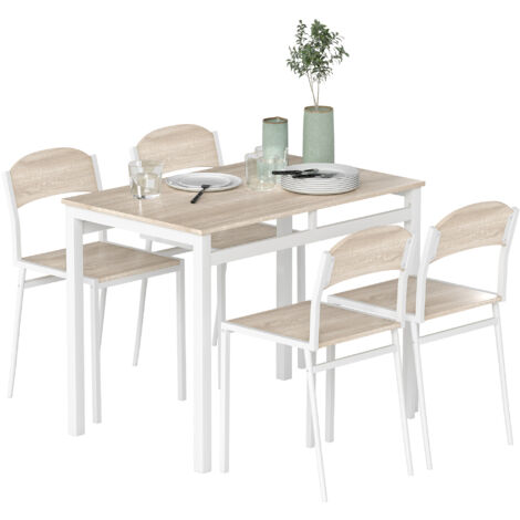 HOMCOM juego de mesa y sillas de comedor, mesa de cocina redonda con 4 sillas, estilo moderno, marco metálico, para espacios pequeños, roble y blanco