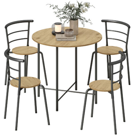 HOMCOM juego de mesa y sillas de comedor, mesa de cocina redonda con 4 sillas, estilo industrial, marco metálico, para espacios pequeños, natural