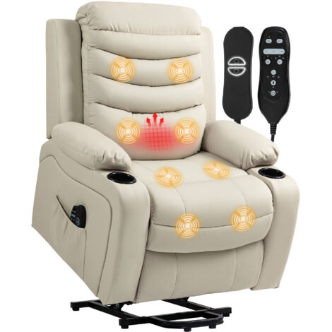 HOMCOM sillón relax reclinable eléctrico levanta personas, con masaje vibratorio y calor, puerto USB, control remoto, reposapiés, crema
