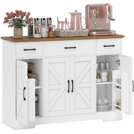 HOMCOM aparador de cocina rústico con estantes de puerta, cajones, estantes ajustables, puerta cierre suave, mueble de TV, 120x38x87 cm blanco y nogal (1/5)