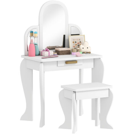 HOMCOM tocador infantil con taburete y espejo, tocador para niñas con cajón, mesa de maquillaje para niños y niñas de 3-6 años, blanco (1/5)