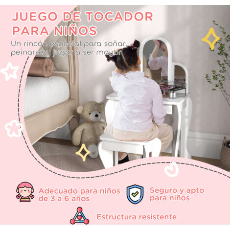 Tocador Infantil HOMCOM Con Espejo Y Taburete Blanco - Para Niñas Y Niños De 3 A 6 Años, Ideal Para Juegos De Maquillaje Y Peinado