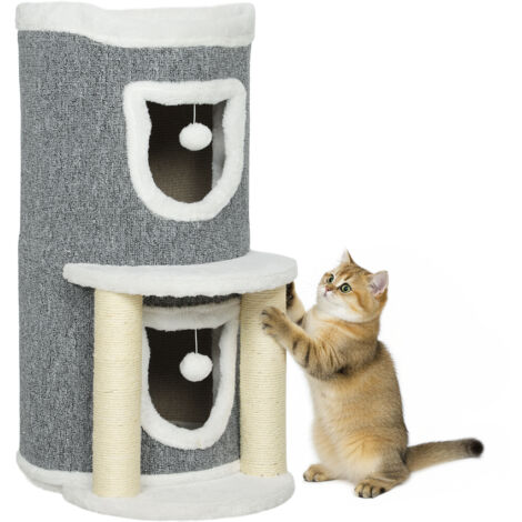 PawHut árbol rascador para gatos, árbol para gatos 76 cm, torre escalador con cama, 2 cuevas, postes de sisal, alfombra de rascado, bolas, gris