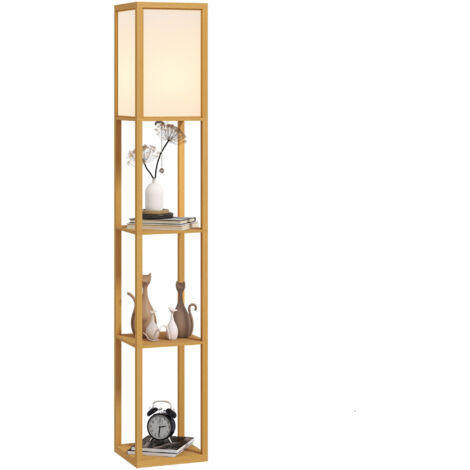 HOMCOM lámpara de pie con estantes de almacenaje, lámpara de madera moderna, bombilla E27, para salón, dormitorio, oficina, natural