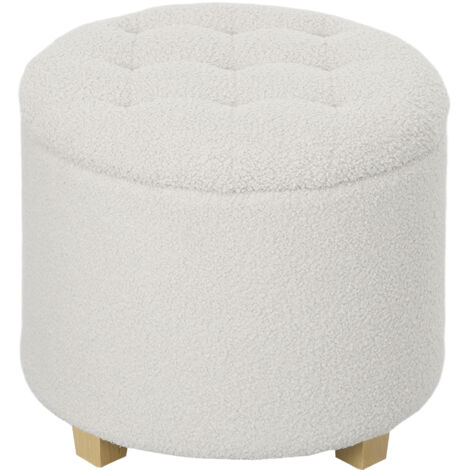 HOMCOM puff almacenaje, baúl de almacenaje redondo 40,5L, 45x45x41 cm, tapizado en borreguillo con patas de madera, asiento acolchado, blanco