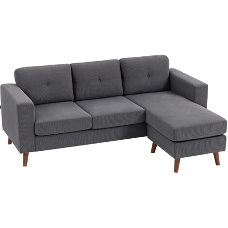 HOMCOM sofá chaise longue reversible, sofá esquinero en forma de L de 3 plazas, tapizado en pana, marco de acero, 192x137x84 cm, gris oscuro