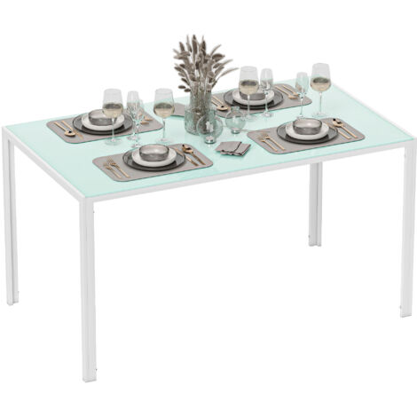 HOMCOM mesa de comedor de cristal, mesa rectangular para 6 personas con patas de metal, para cocina, salón, 140x80x75 cm, blanco